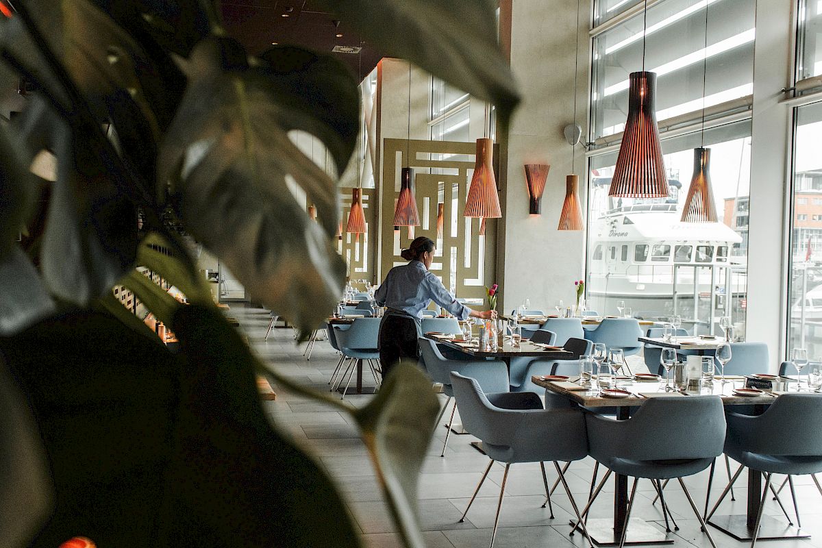 A person is arranging tables in a modern, stylish restaurant with blue chairs and large windows. The image is partially obscured by a plant.